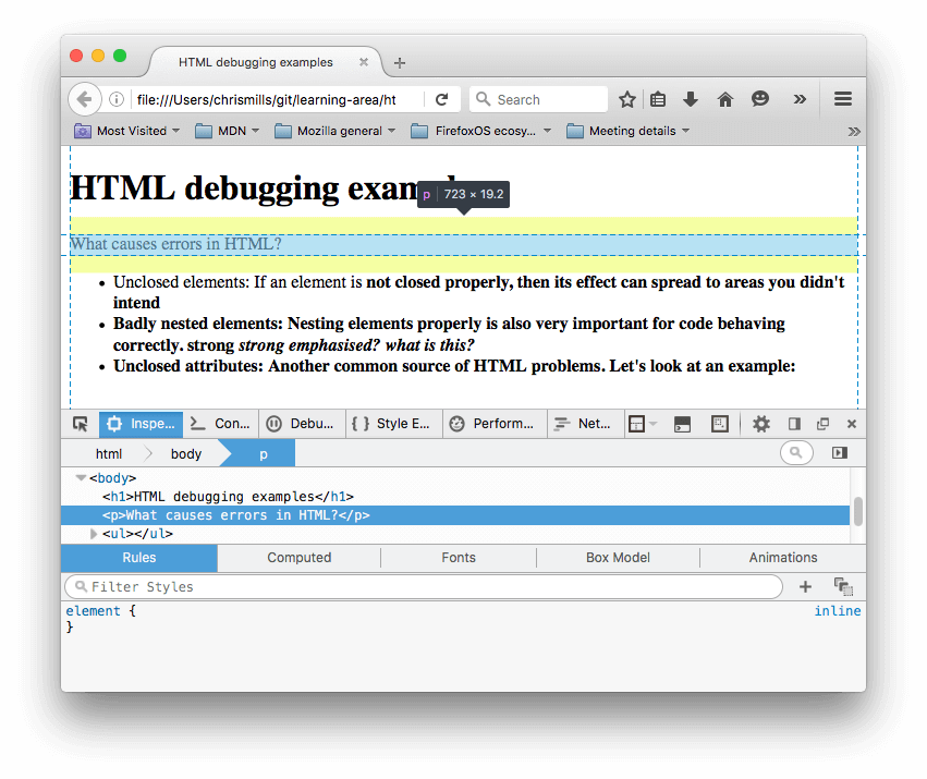 The HTML inspector in Firefox, with our example's paragraph highlighted, showing the text "What causes errors in HTML?" Here you can see that the paragraph element has been closed by the browser.