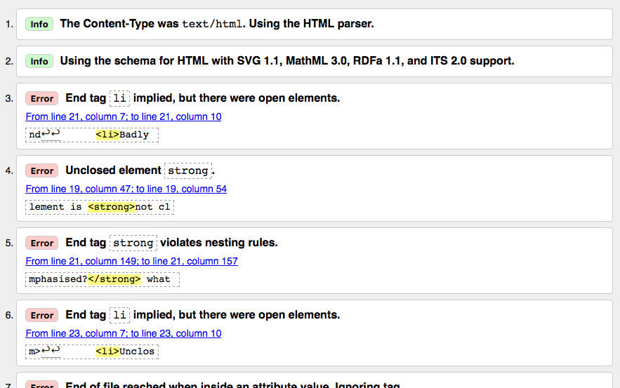 A list of of HTML validation results from the W3C markup validation service